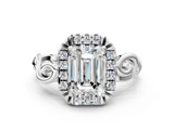 White gold Emerald Cut Halo Diamond Ring with Scrollwork Band and Four-Prong Setting_82