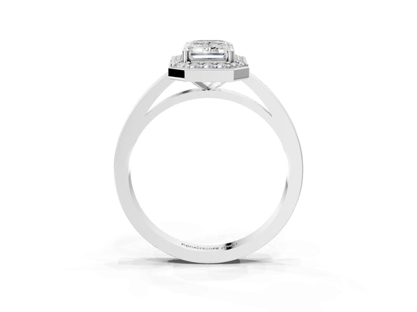 White gold Emerald Cut Halo Diamond Ring with Solitaire Band and Prong Setting