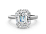 White gold Emerald Cut Halo Diamond Ring with Solitaire Band and Prong Setting_11