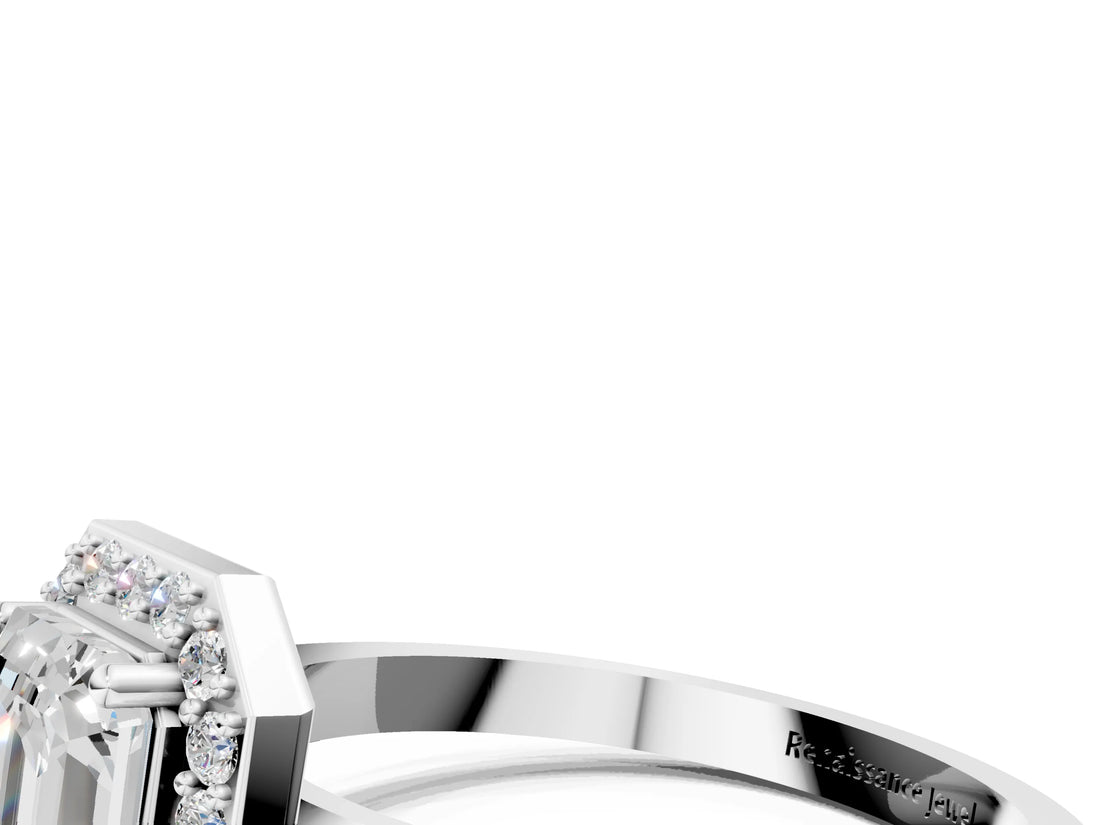 White gold Emerald Cut Halo Diamond Ring with Solitaire Band and Prong Setting_7
