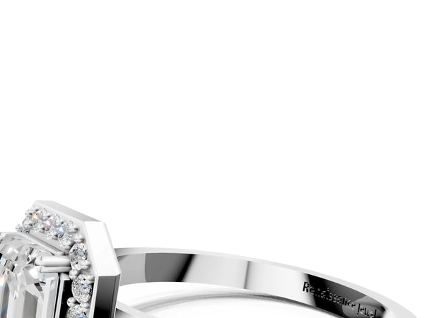 White gold Emerald Cut Halo Diamond Ring with Solitaire Band and Prong Setting