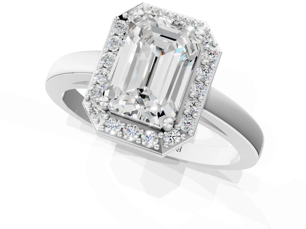 White gold Emerald Cut Halo Diamond Ring with Solitaire Band and Prong Setting