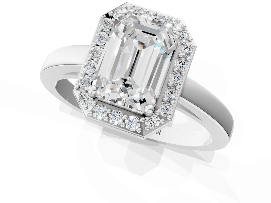 White gold Emerald Cut Halo Diamond Ring with Solitaire Band and Prong Setting
