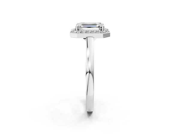 White gold Emerald Cut Halo Diamond Ring with Solitaire Band and Prong Setting
