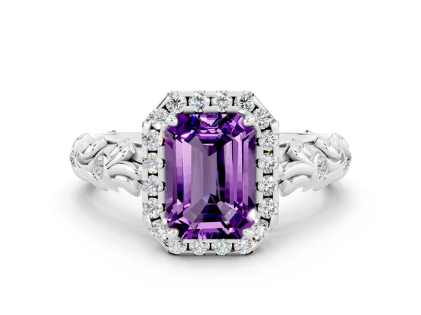 Platinum Emerald Cut Amethyst Halo Ring with Filigree Band and Prong Setting