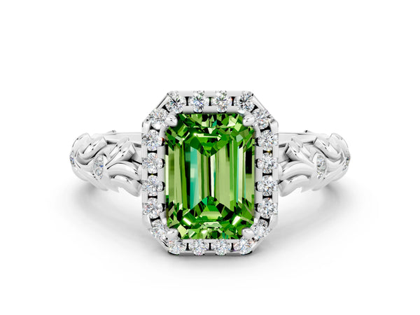Platinum Emerald Cut Peridot Halo Ring with Filigree Band and Prong Setting