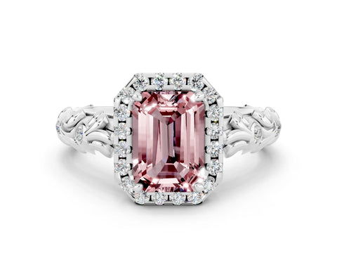 White gold Emerald Cut Halo Diamond Solitaire with Filigree Band and Four-Prong Setting