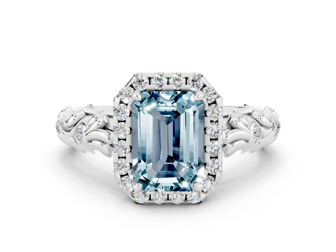 White gold Emerald Cut Halo Diamond Solitaire with Filigree Band and Four-Prong Setting
