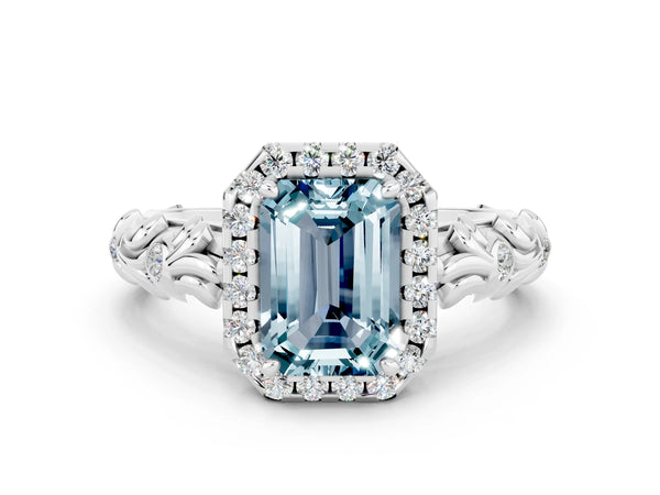 Platinum Emerald Cut Aquamarine Halo Ring with Filigree Band and Prong Setting