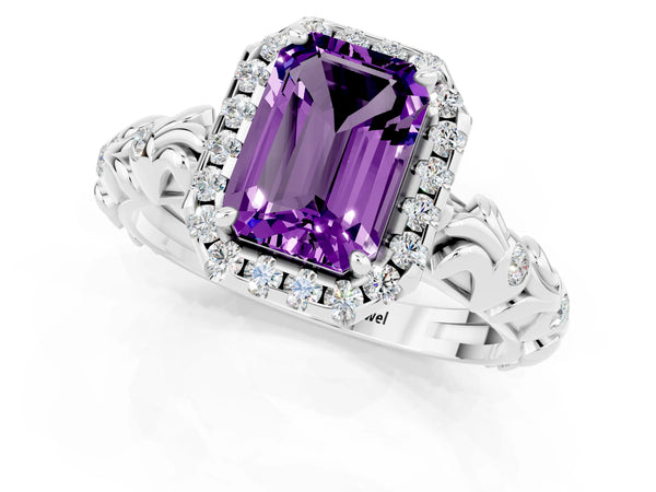 Platinum Emerald Cut Amethyst Halo Ring with Filigree Band and Prong Setting