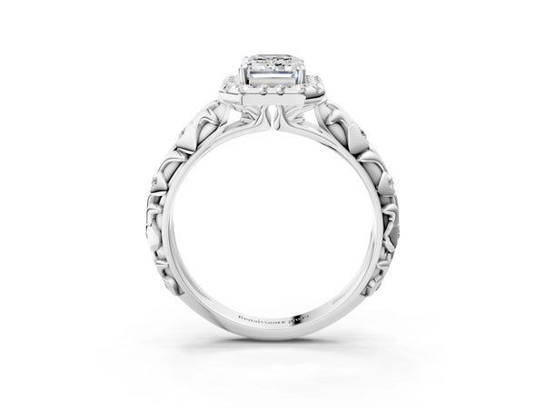 White gold Emerald Cut Halo Diamond Solitaire with Filigree Band and Four-Prong Setting