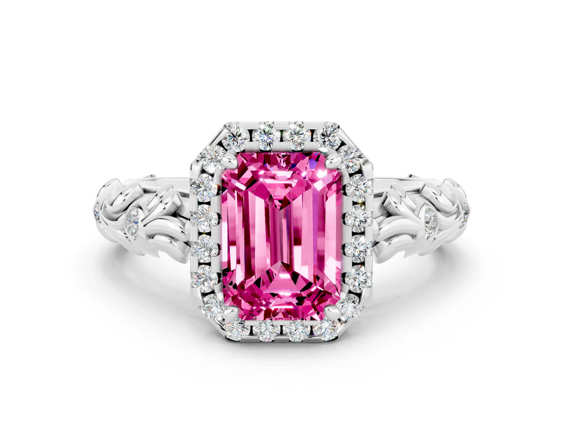White gold Emerald Cut Halo Diamond Solitaire with Filigree Band and Four-Prong Setting