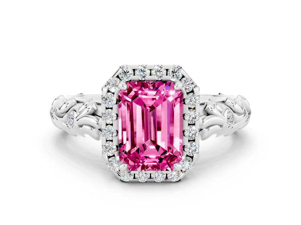 Platinum Emerald Cut Pink Sapphire Halo Ring with Filigree Band and Prong Setting