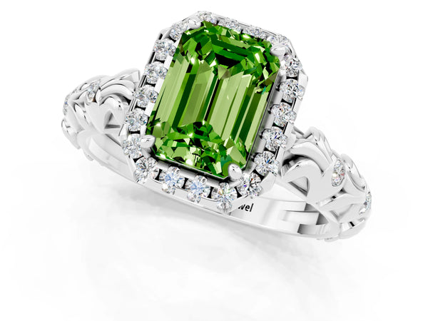 Platinum Emerald Cut Peridot Halo Ring with Filigree Band and Prong Setting