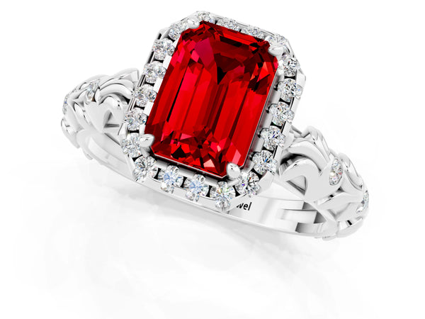 White gold Emerald Cut Ruby Halo Ring with Filigree Band and Prong Setting