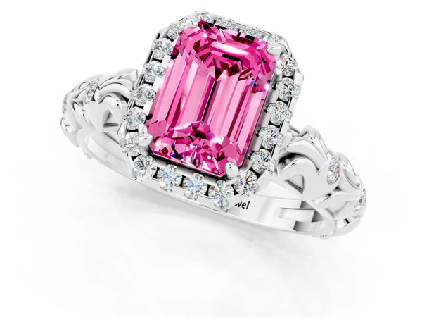Platinum Emerald Cut Pink Sapphire Halo Ring with Filigree Band and Prong Setting