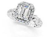 White gold Emerald Cut Halo Diamond Solitaire with Filigree Band and Four-Prong Setting_1