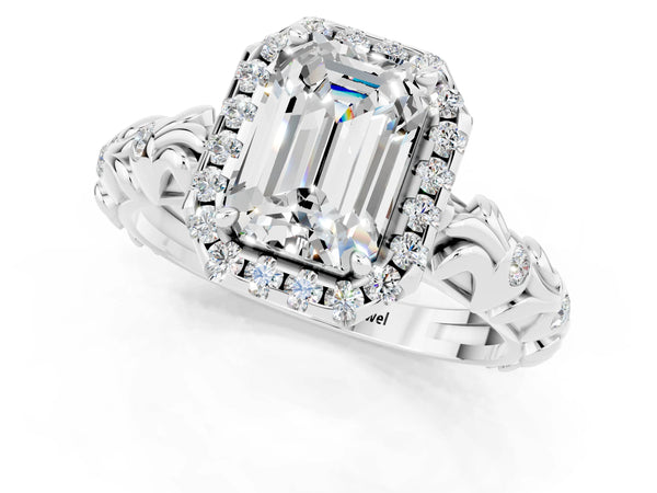 White gold Emerald Cut Moissanite Halo Ring with Filigree Band and Prong Setting