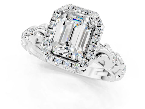 White gold Emerald Cut Halo Diamond Solitaire with Filigree Band and Four-Prong Setting_1