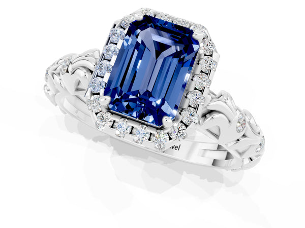 Platinum Emerald Cut Blue Sapphire Halo Ring with Filigree Band and Prong Setting