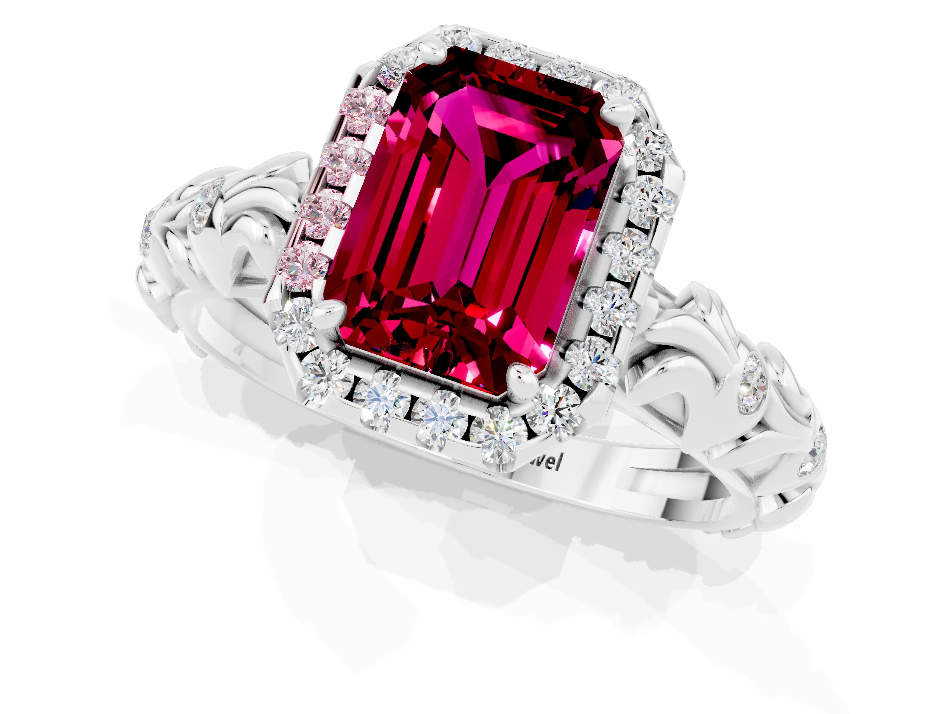 White gold Emerald Cut Halo Diamond Solitaire with Filigree Band and Four-Prong Setting_1
