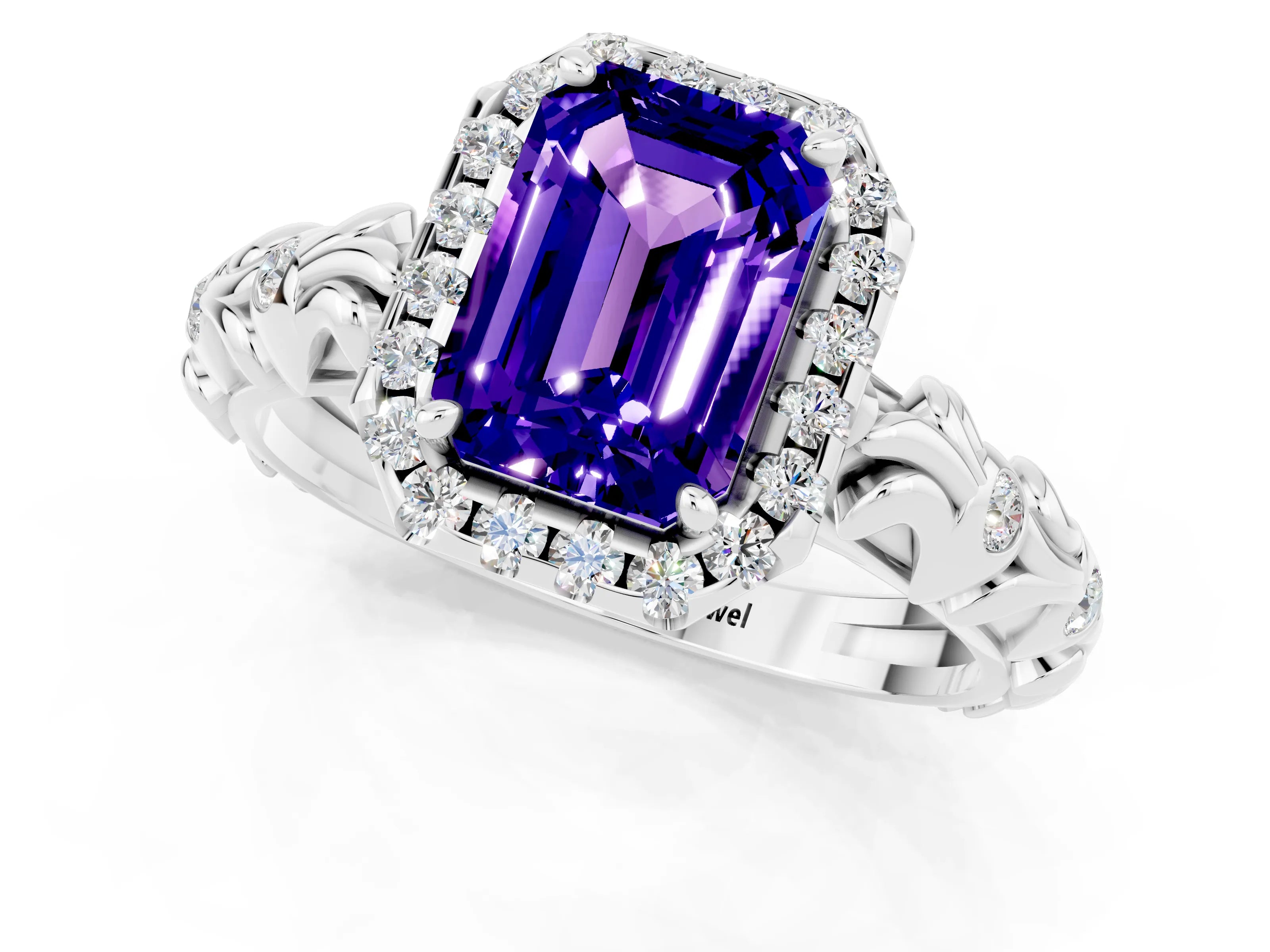 White gold Emerald Cut Halo Diamond Solitaire with Filigree Band and Four-Prong Setting_1