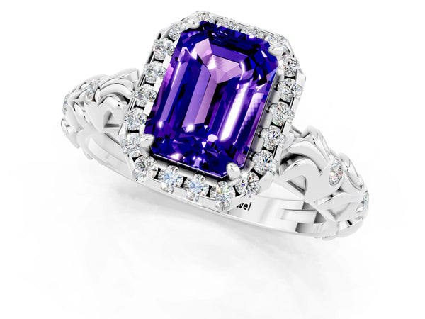 Silver Emerald Cut Tanzanite Halo Ring with Filigree Band and Prong Setting