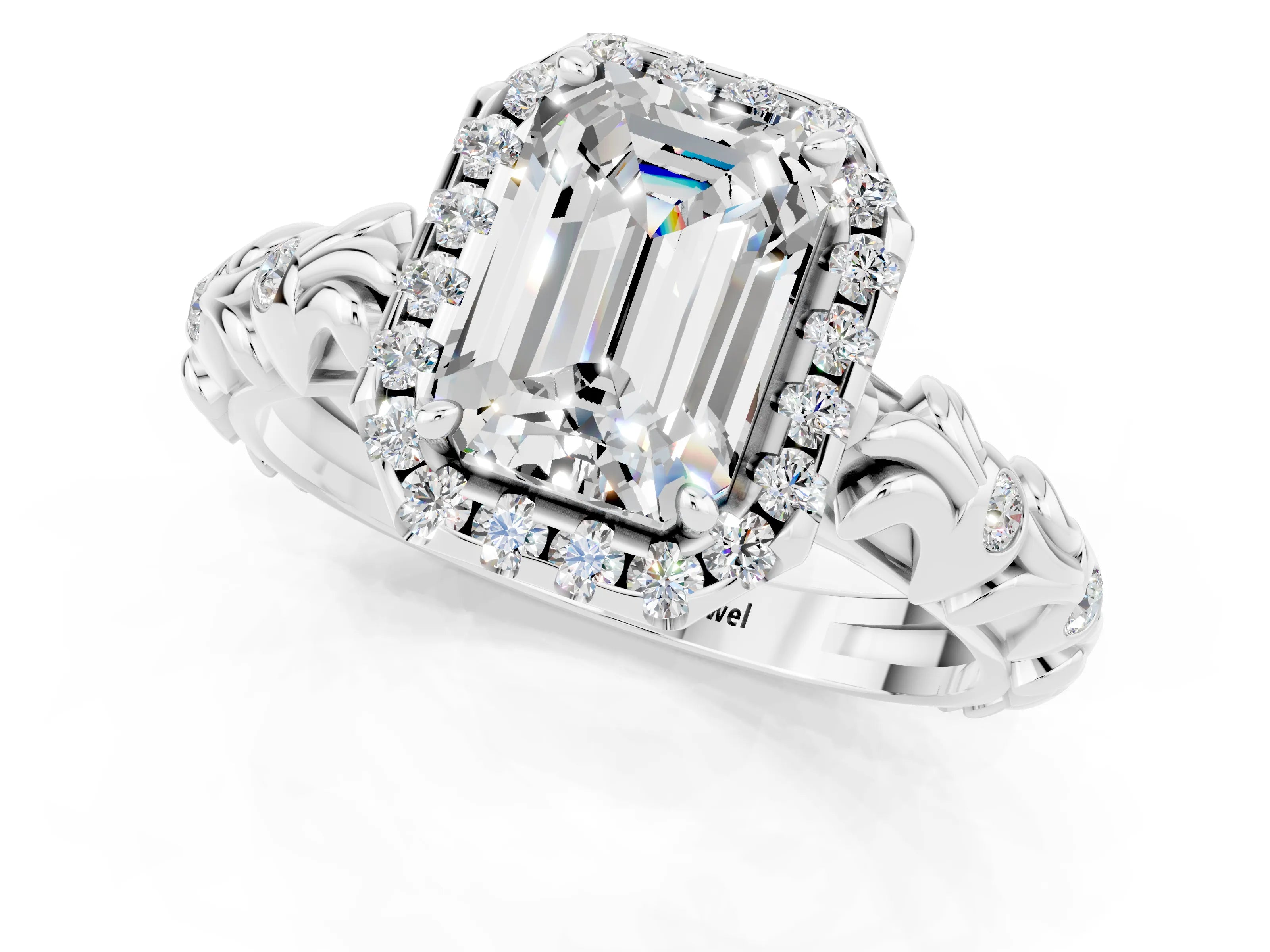 White gold Emerald Cut Halo Diamond Solitaire with Filigree Band and Four-Prong Setting_1