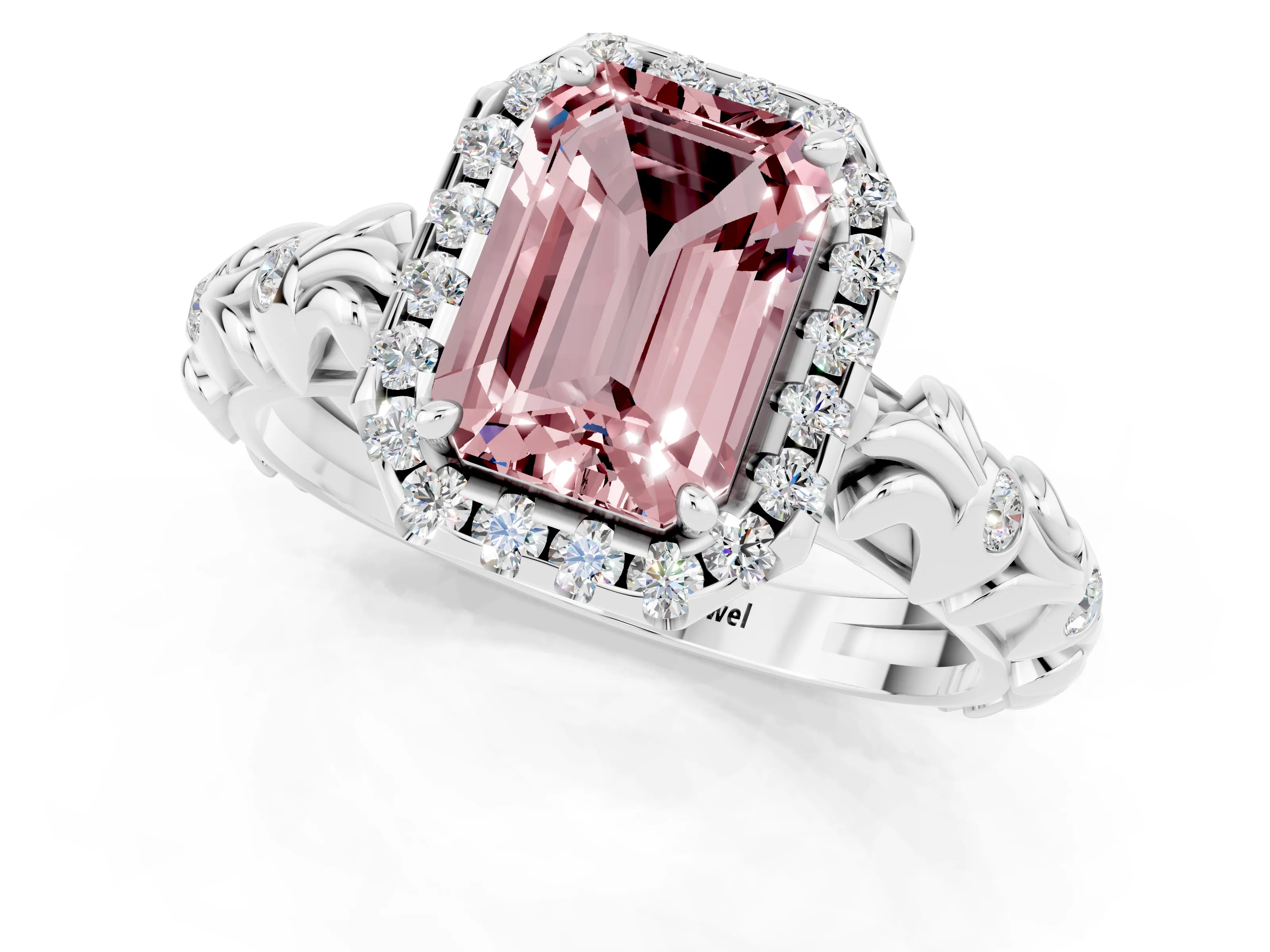 White gold Emerald Cut Halo Diamond Solitaire with Filigree Band and Four-Prong Setting_1
