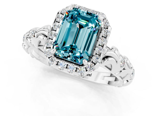Silver Emerald Cut Halo Diamond Solitaire with Filigree Band and Four-Prong Setting