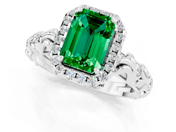 White gold Emerald Cut Emerald Halo Ring with Filigree Band and Prong Setting
