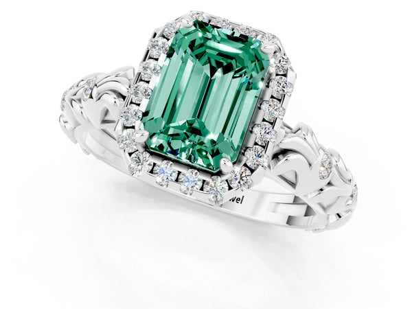 White gold Emerald Cut Green Sapphire Halo Ring with Filigree Band and Prong Setting