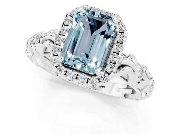 Silver Emerald Cut Aquamarine Halo Ring with Filigree Band and Prong Setting