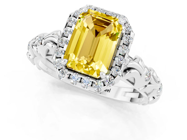 Platinum Emerald Cut Yellow Sapphire Halo Ring with Filigree Band and Prong Setting