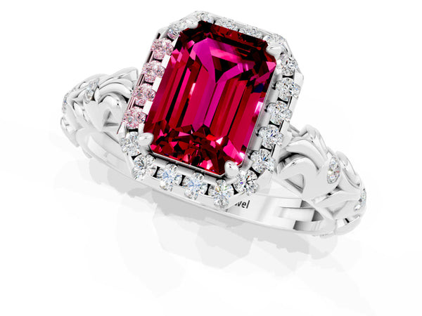 Platinum Emerald Cut Garnet Halo Ring with Filigree Band and Prong Setting