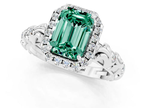 White gold Emerald Cut Halo Diamond Solitaire with Filigree Band and Four-Prong Setting_1