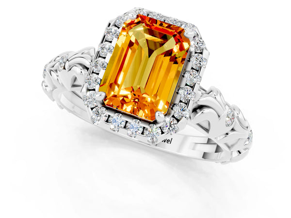 Silver Emerald Cut Citrine Halo Ring with Filigree Band and Prong Setting
