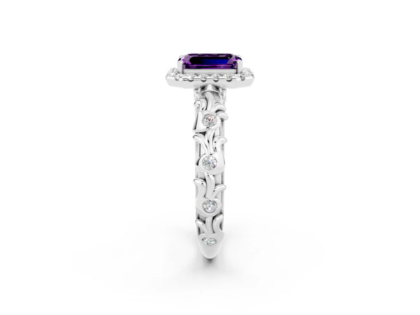 Platinum Emerald Cut Amethyst Halo Ring with Filigree Band and Prong Setting