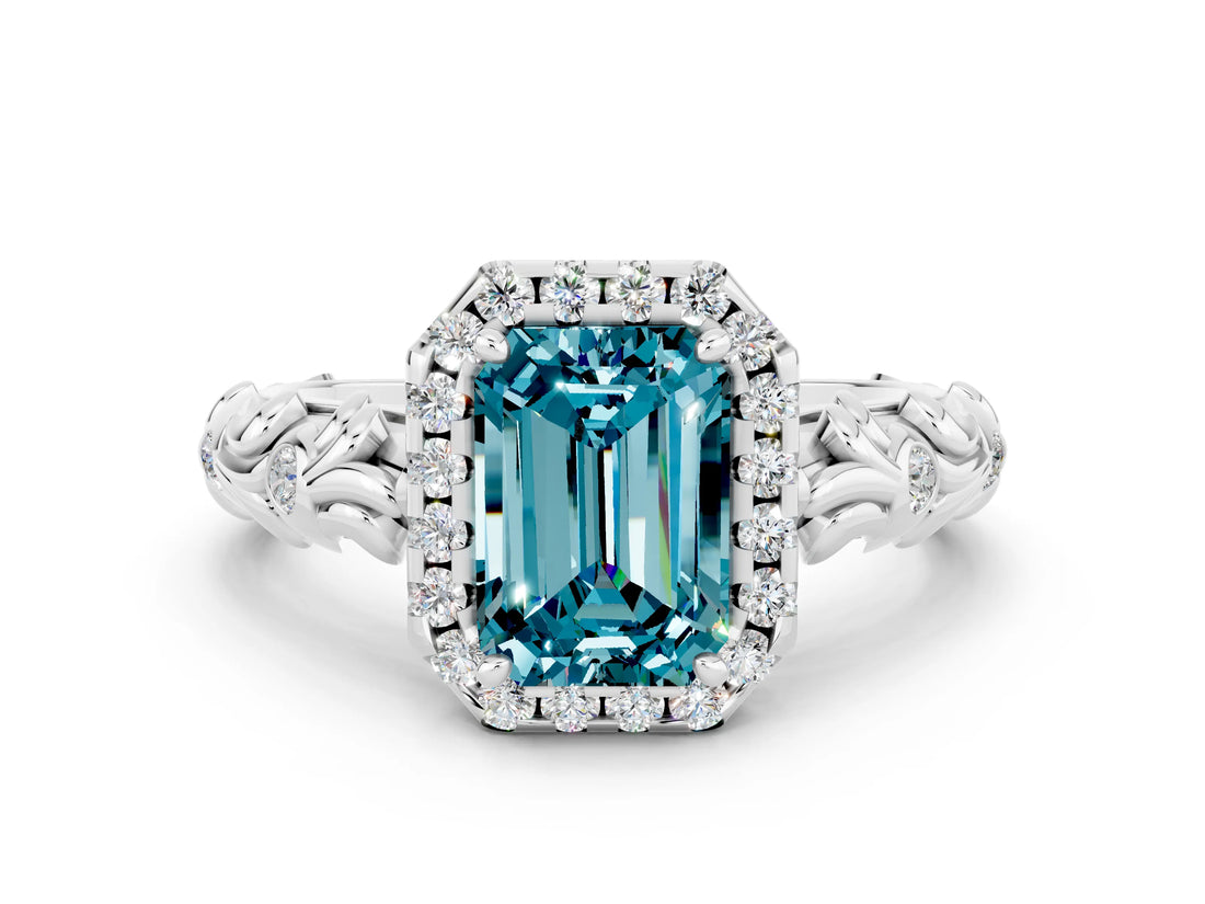 White gold Emerald Cut Halo Diamond Solitaire with Filigree Band and Four-Prong Setting
