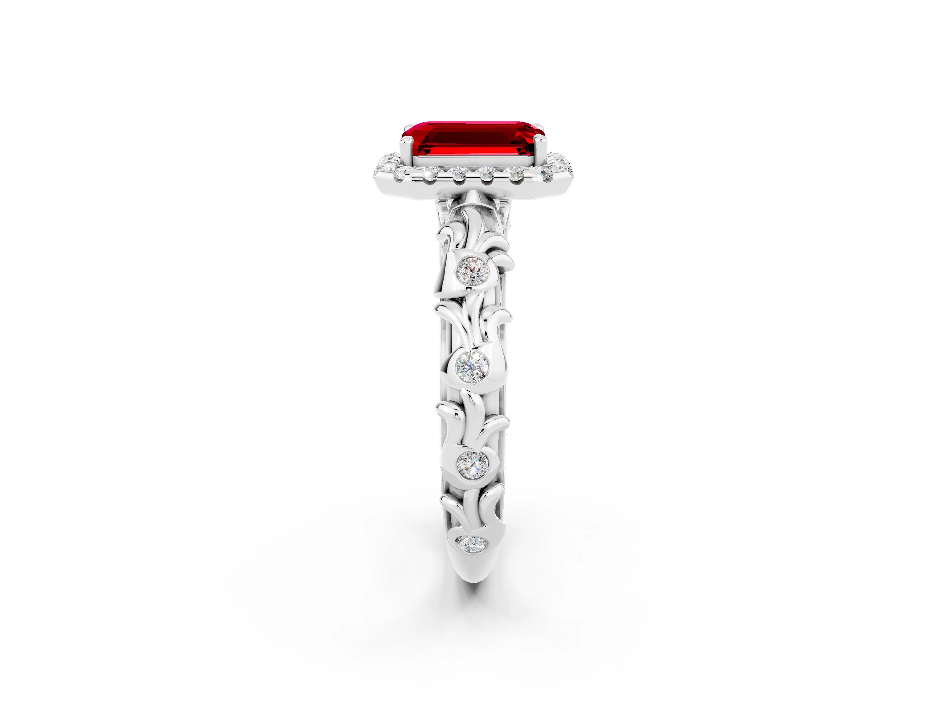 White gold Emerald Cut Halo Diamond Solitaire with Filigree Band and Four-Prong Setting_2