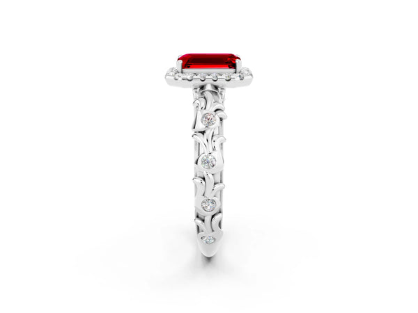Platinum Emerald Cut Ruby Halo Ring with Filigree Band and Prong Setting
