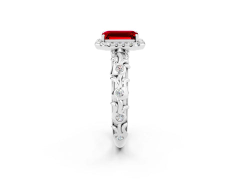 White gold Emerald Cut Halo Diamond Solitaire with Filigree Band and Four-Prong Setting_2