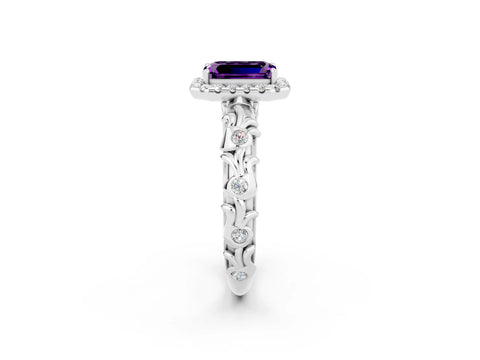 White gold Emerald Cut Halo Diamond Solitaire with Filigree Band and Four-Prong Setting_2