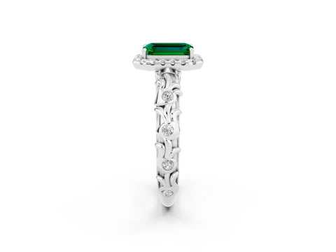White gold Emerald Cut Halo Diamond Solitaire with Filigree Band and Four-Prong Setting_2