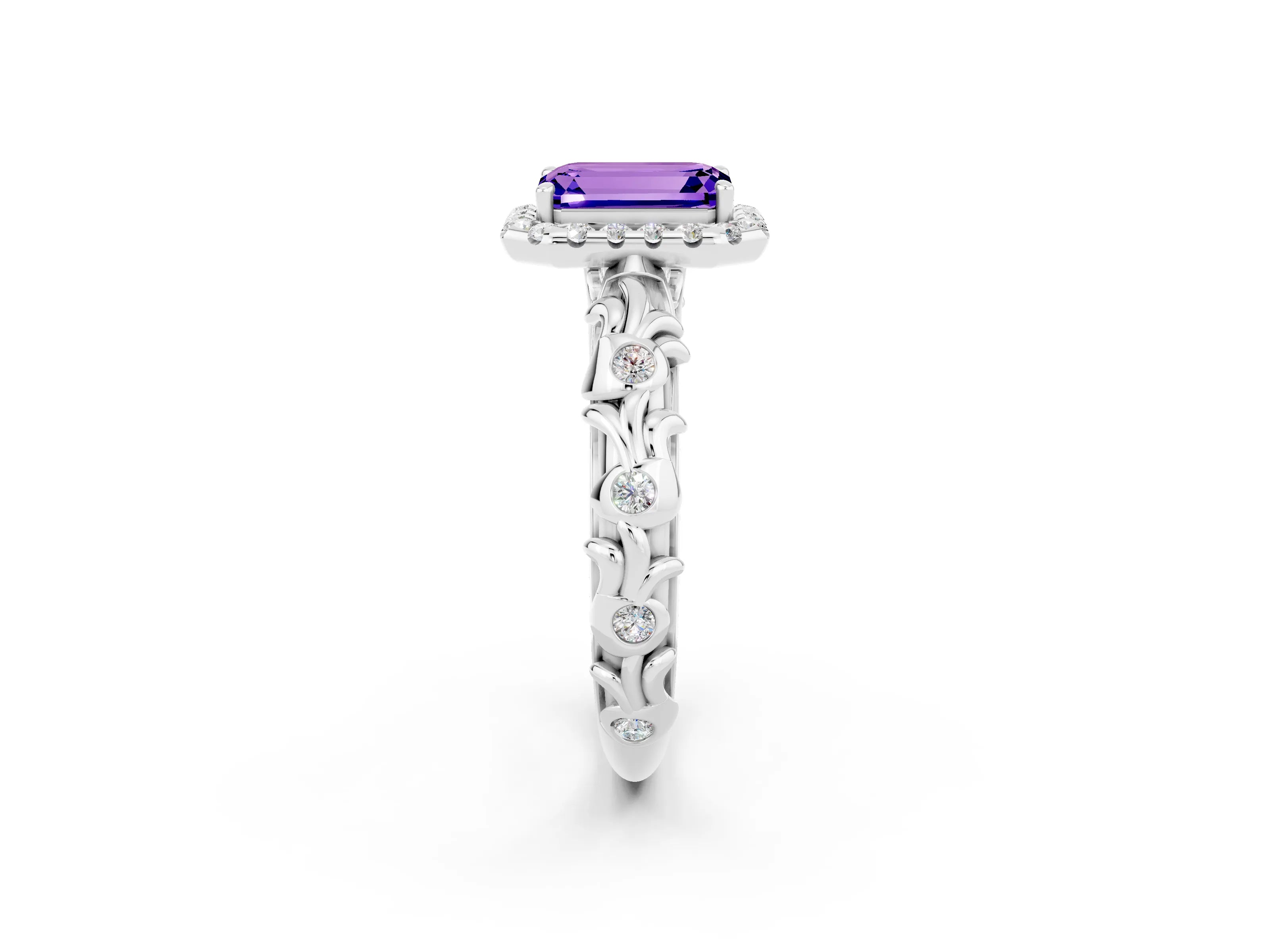 White gold Emerald Cut Halo Diamond Solitaire with Filigree Band and Four-Prong Setting_2
