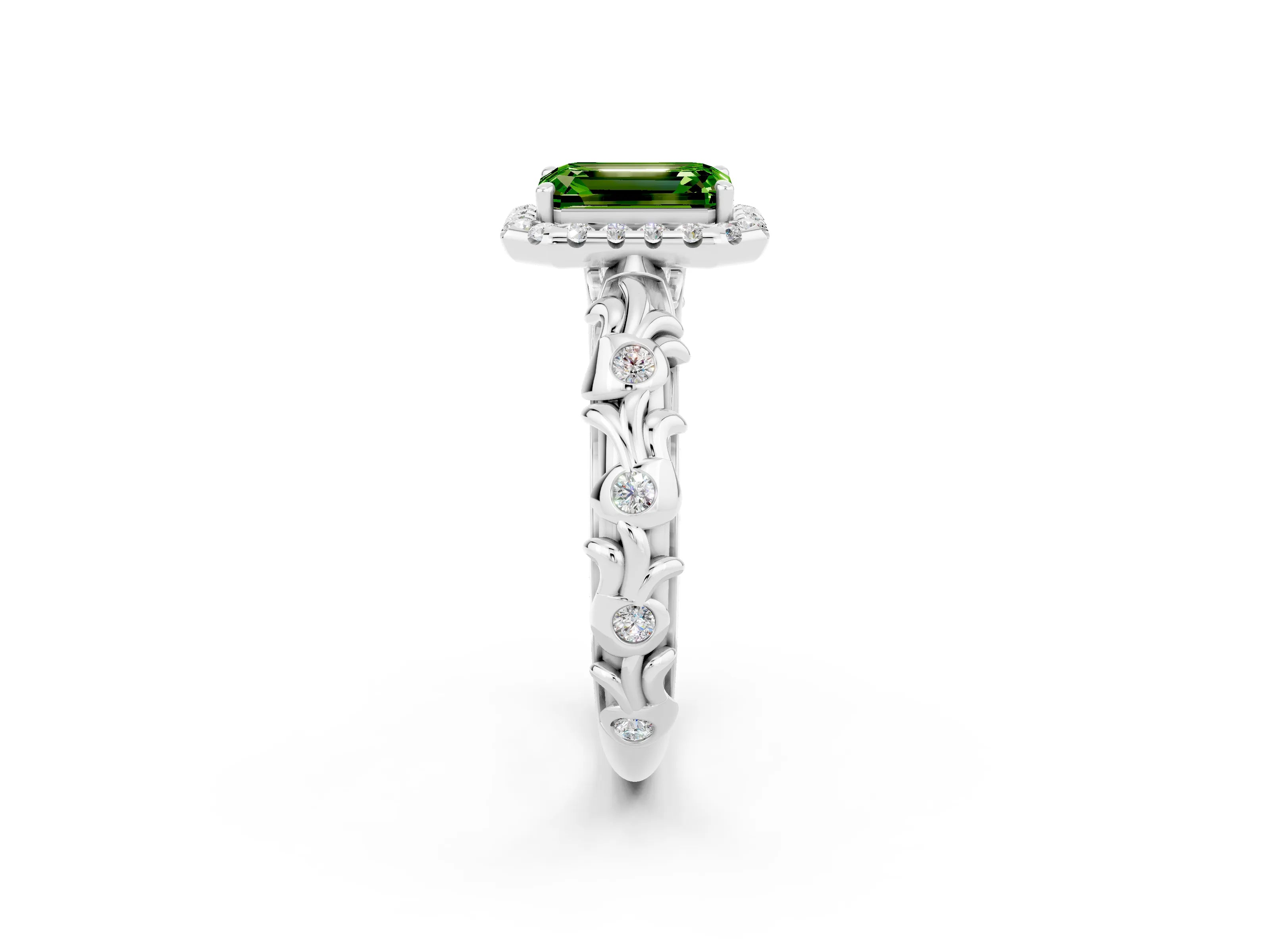 White gold Emerald Cut Halo Diamond Solitaire with Filigree Band and Four-Prong Setting_2