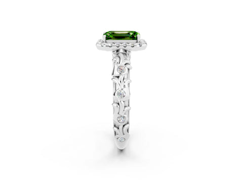 White gold Emerald Cut Halo Diamond Solitaire with Filigree Band and Four-Prong Setting_2