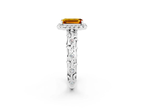 Platinum Emerald Cut Citrine Halo Ring with Filigree Band and Prong Setting