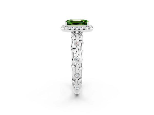 White gold Emerald Cut Peridot Halo Ring with Filigree Band and Prong Setting