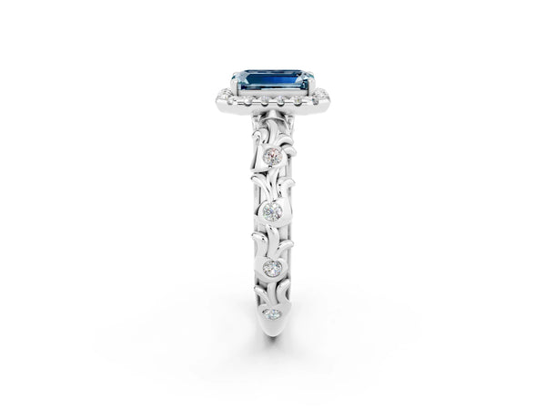 Platinum Emerald Cut Aquamarine Halo Ring with Filigree Band and Prong Setting